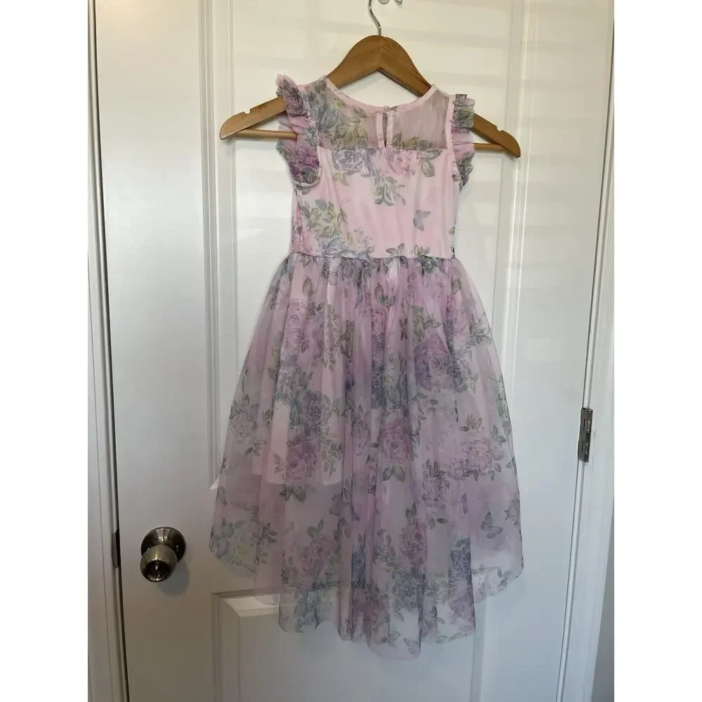 Zenzi Floral High Low Tulle Formal Girl Dress Size XS 4/5 Pink Garden Fairy EUC - Picture 12 of 14